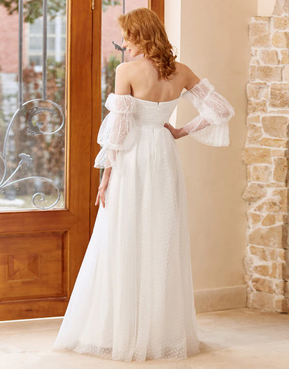 A Line Off the Shoulder White Wedding Dress with Long Sleeves