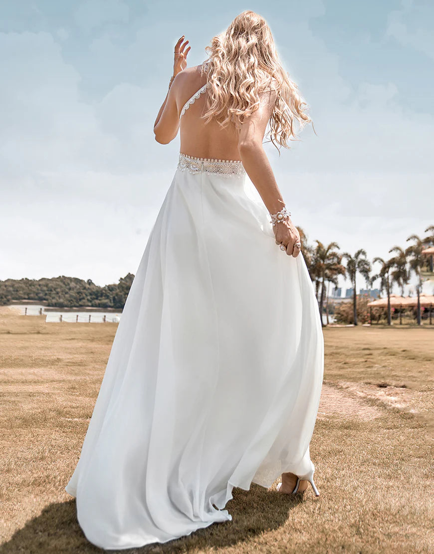 A-Line Lace Backless Spaghetti Straps Boho Wedding Dress with with Slit