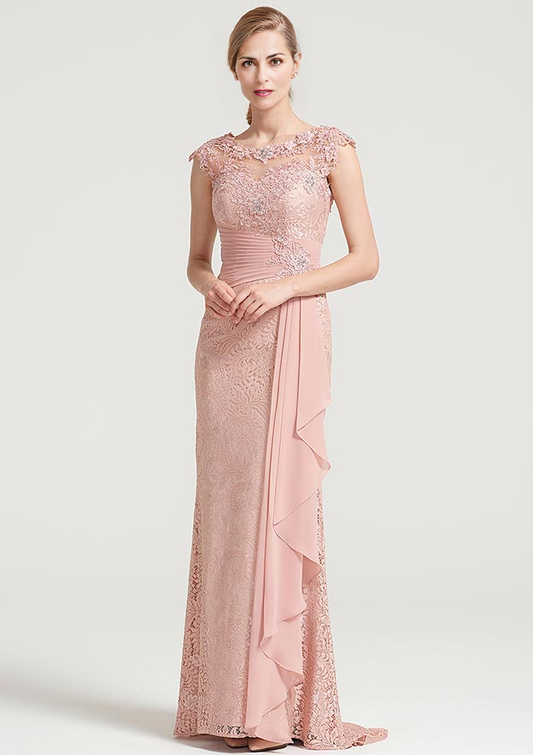 Sheath/Column Bateau Sleeveless Long Lace Dress With Ruffles Appliqued Pleated