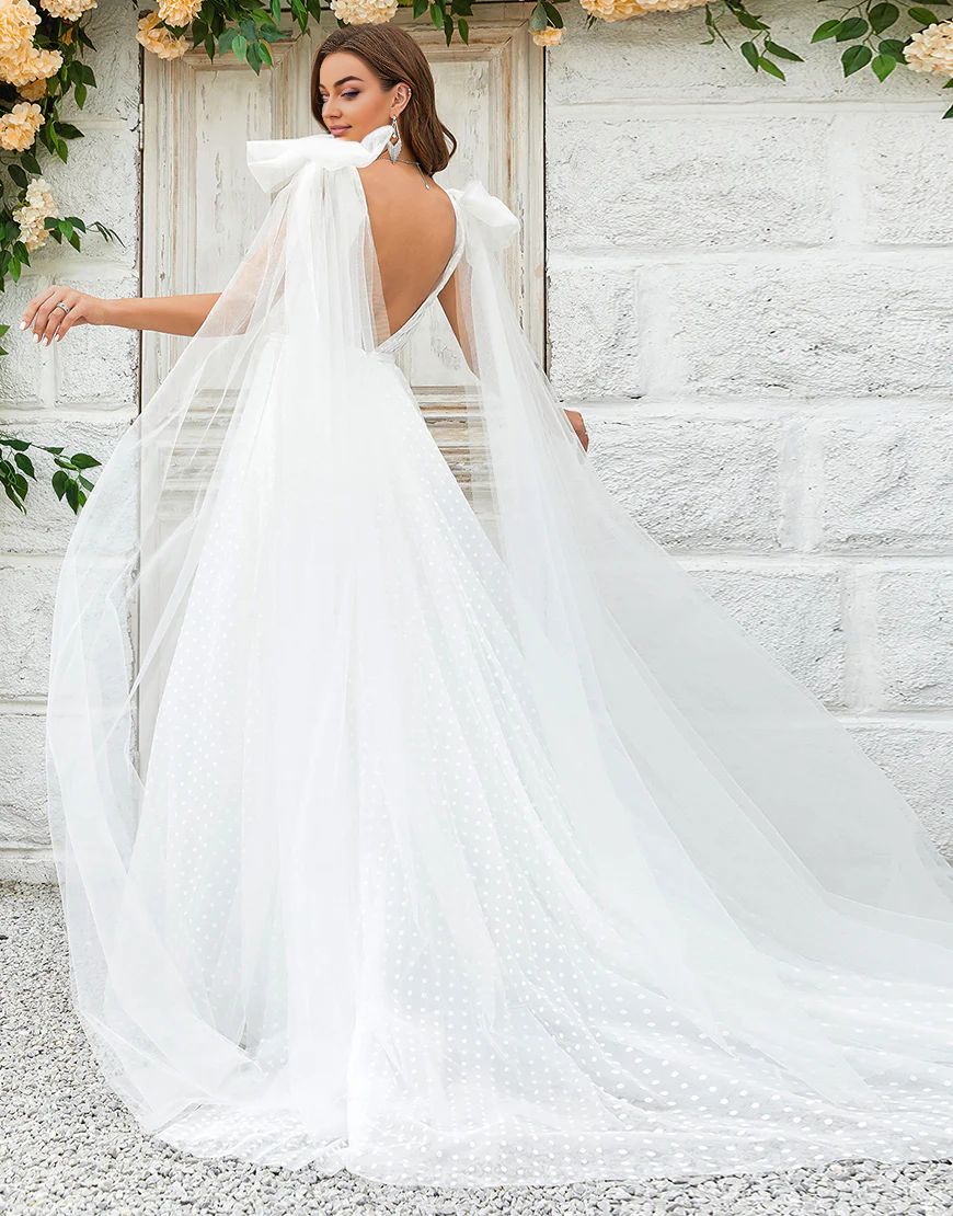 Ivory Detachable Backless Train Tulle Wedding Dress