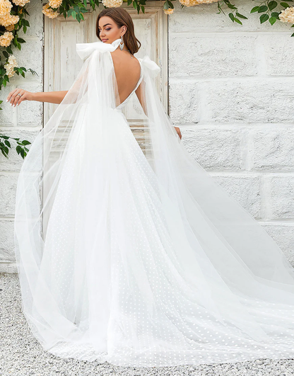 Ivory Detachable Backless Train Tulle Wedding Dress