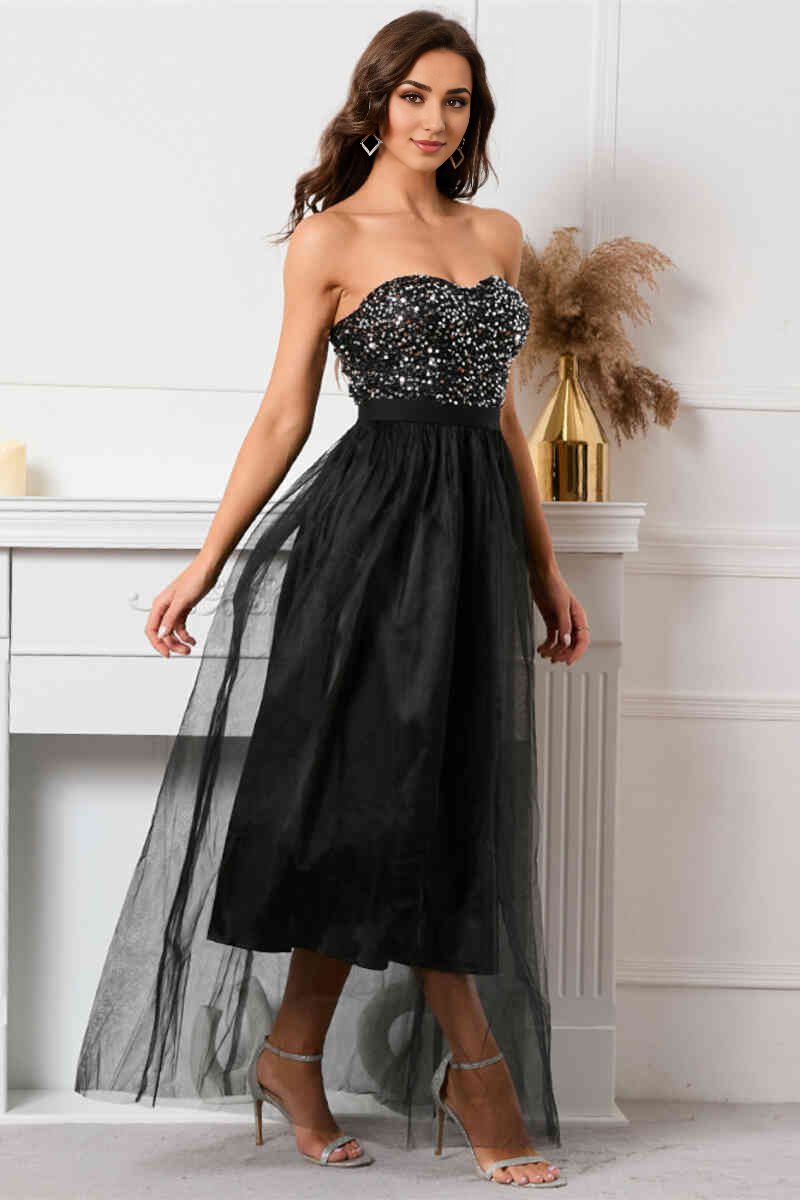 Sequin Tulle Sweetheart Black Dress Long Evening Dress