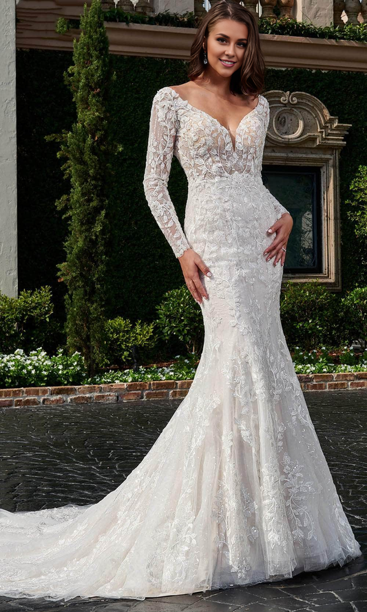 Mermaid Long Sleeve Embroidered Backless Bridal Gown Wedding Dress