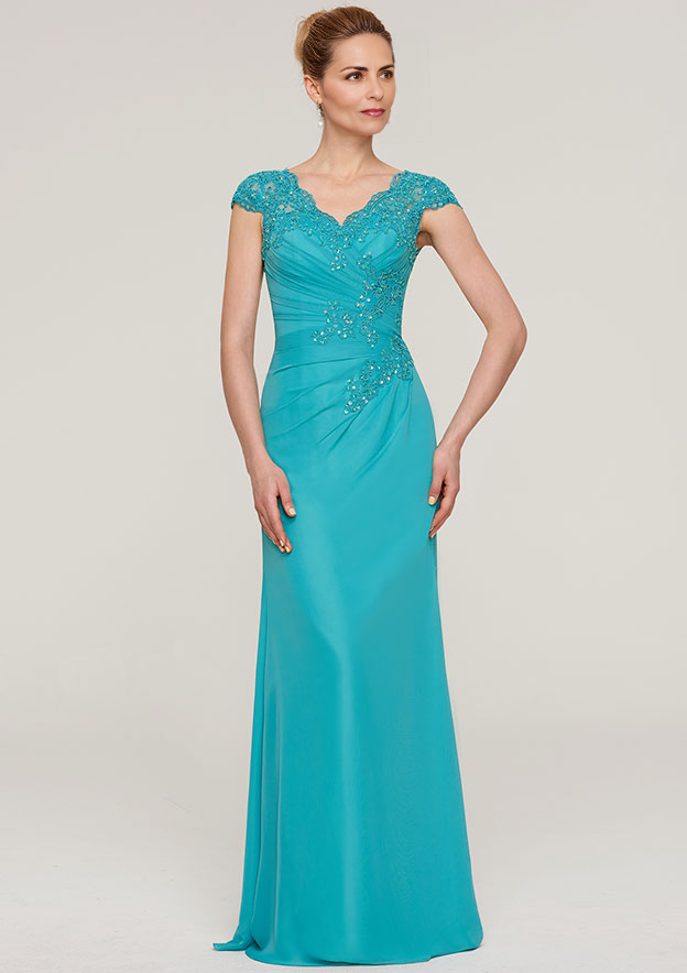 V Neck Sleeveless Chiffon Mother of the Bride Dress With Pleated Appliqued Beading