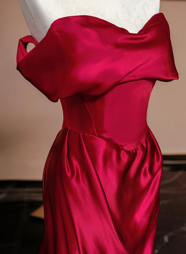 Red Off Shoulder Satin Long Evening Dress Prom Dress with Sweep Train