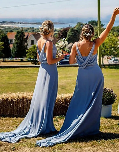 A-Line Sky Blue Spaghetti Straps Court Train Boho Bridesmaid Dress With Sweep Train