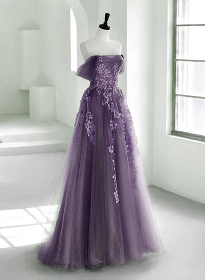 A-Line Princess Floor-length Purple Tulle with Appliques Lace Formal Dress Prom Dress