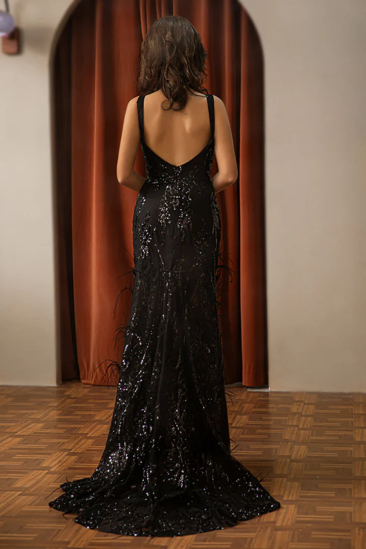 Black Sequin Slit Prom Dress with Feathers Backless Deep V-Neck Evening Dress