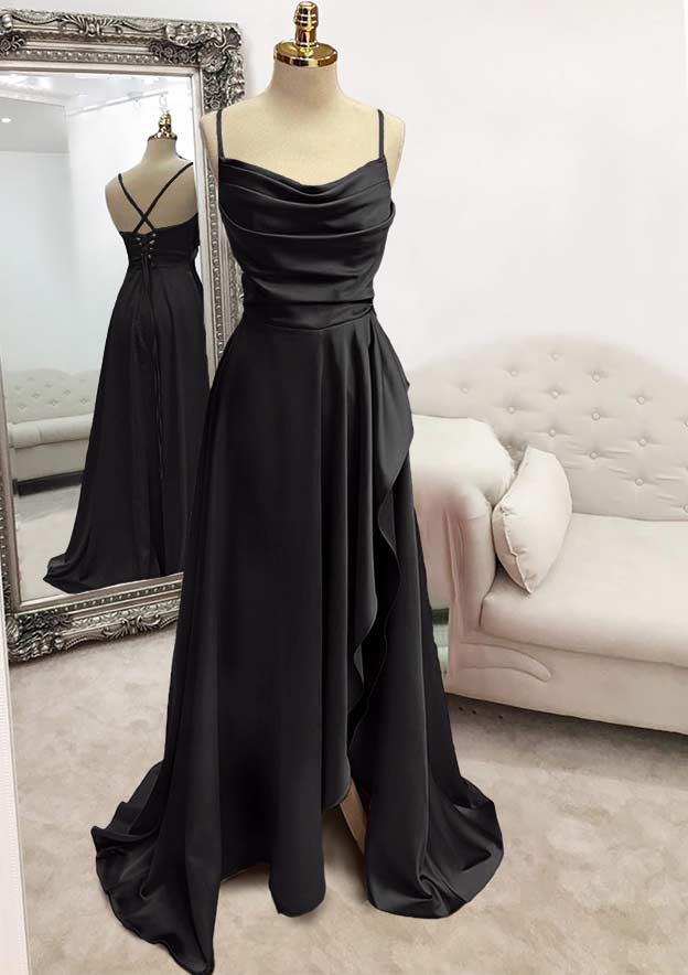 A-line Bateau Spaghetti Straps Long Satin Prom Dress Evening Dress With Pleated Split