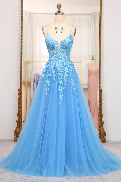 Gorgeous A-Line PrincessT ulle Spaghetti Straps Blue Long Prom Dress with Appliques