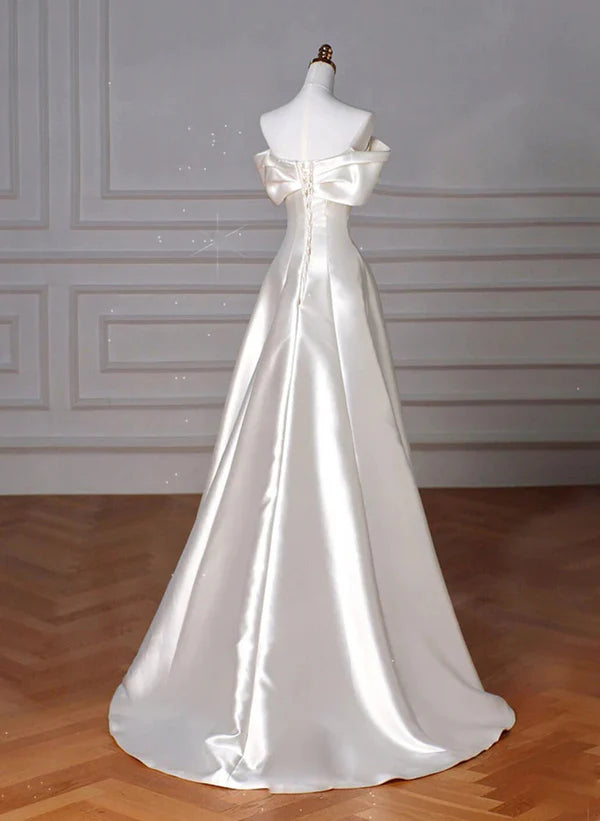 White Satin Off Shoulder A-line Long Party Dress Prom Dress