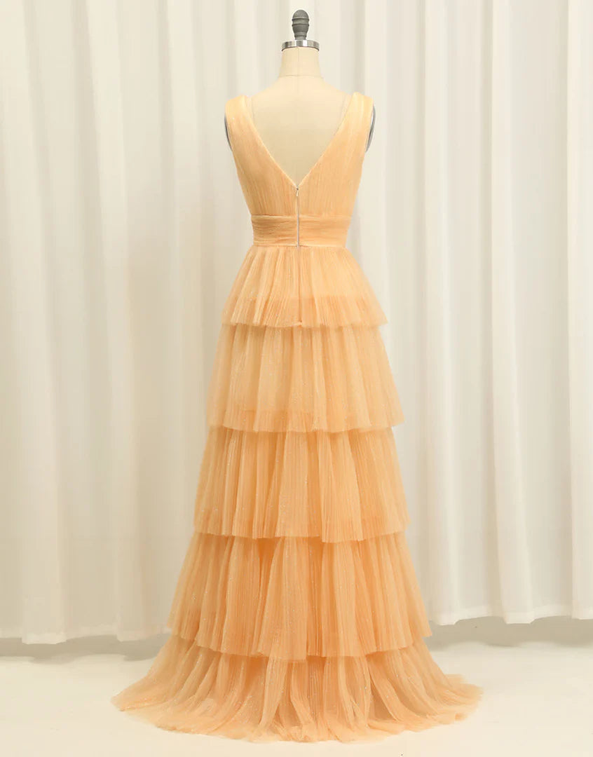 A-Line Deep V-Neck Ruffle Tiered Champagne Long Floor-length Tiered Prom Dress