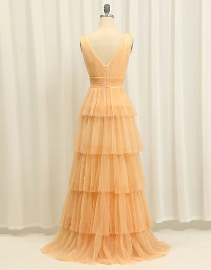 A-Line Deep V-Neck Ruffle Tiered Champagne Long Floor-length Tiered Prom Dress