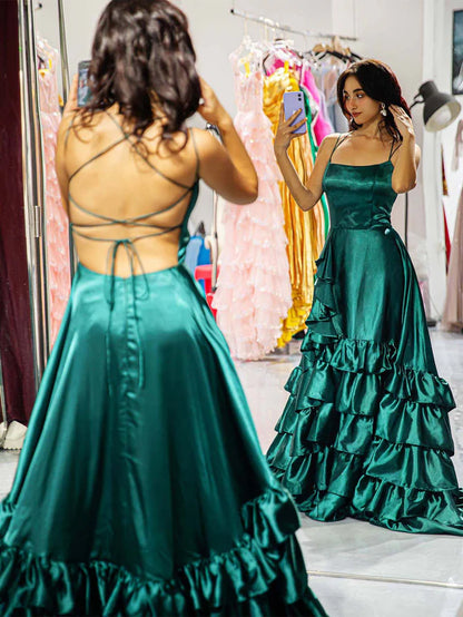 A-Line Satin Dark Green Ruffle Tiered Floor-length Prom Dress