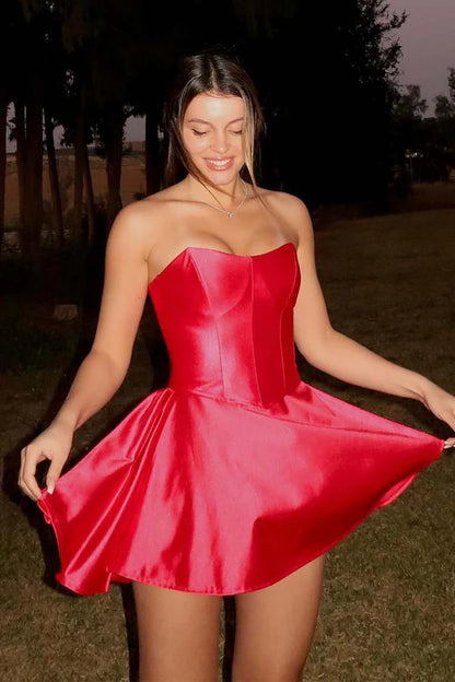 Cute A-Line Red Corset Bodice Strapless Homecoming Dress