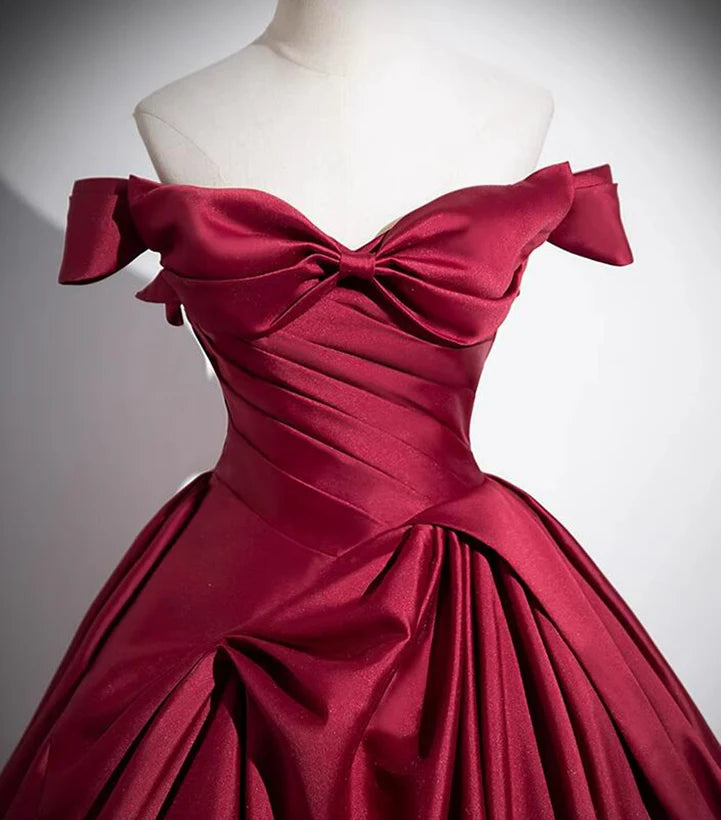 Wine Red Satin Off Shoulder Floor Length Ruched Long Prom Dress Evening Dresses