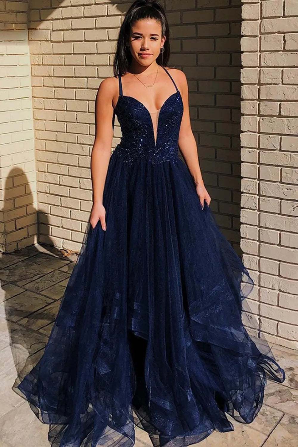 Navy Glitter Prom Dress A-Line Princess Tiered Tulle Dress