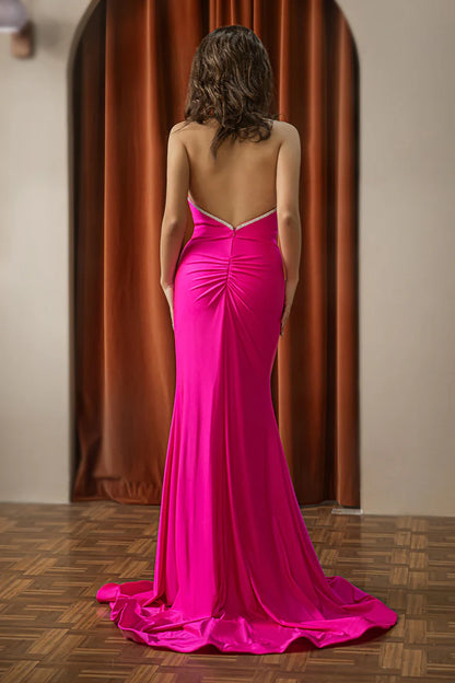 Spaghetti Strap Fitted Pink Open Back Prom Dress Sweep/Brush Train Dresses