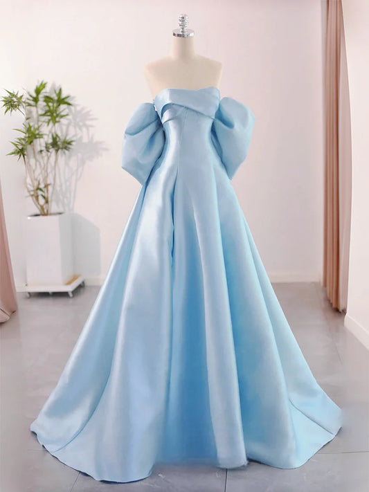 A-Line Sweetheart Neck Satin Blue Long Prom Dress Formal Dress