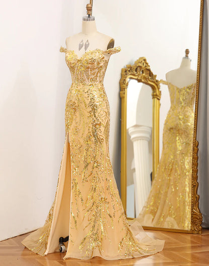 Mermaid Off The Shoulder Golden Corset Sparkling Prom Dress with Slit