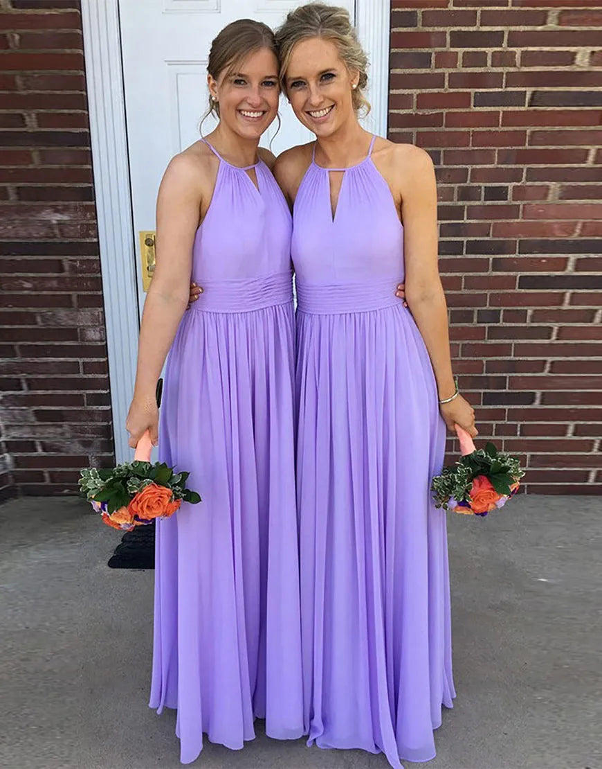 Lavender A-Line Floor Length Halter Neckline Chiffon Bridesmaid Dress