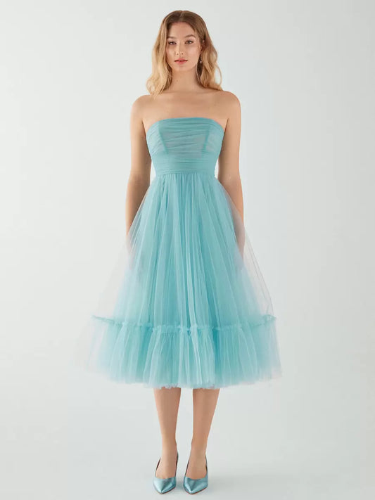 A-Line Princess Evening Dress Short Strapless Tea-Length Sleeveless Pleated Tulle Prom Dresses