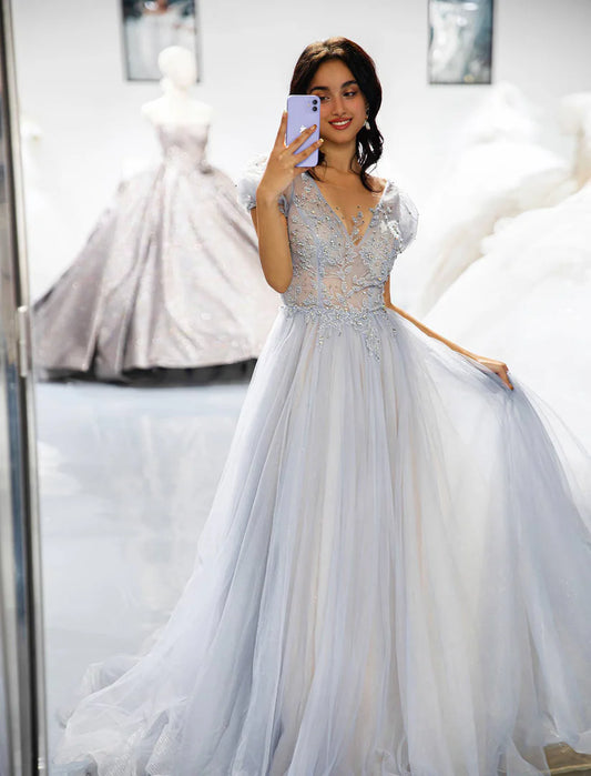 A-Line Princess 3D Beaded V-Neck Tulle Prom Dress With Sleeves