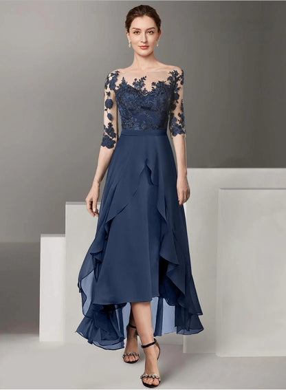 A-Line Mother of the Bride Dress Wedding Guest Elegant High Low Ankle Length Chiffon Lace Half Sleeve with Pleats Applique