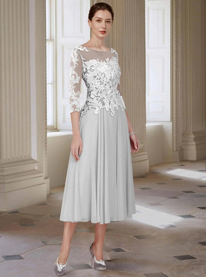 A-Line Mother of the Bride Dress Wedding Guest Elegant Jewel Neck Asymmetrical 3/4 Length Sleeve with Appliques