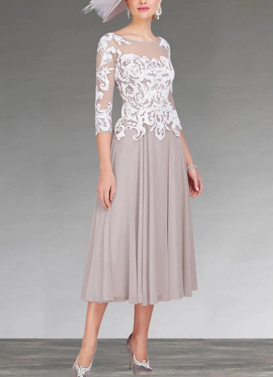 A-Line Mother of the Bride Dress Wedding Guest Elegant Jewel Neck Asymmetrical 3/4 Length Sleeve with Appliques