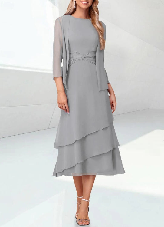 Sage Mother of the Bride Dress Wedding Guest Tea Lengthn Tiered Chiffon 3/4 Length Sleeve with Ruching