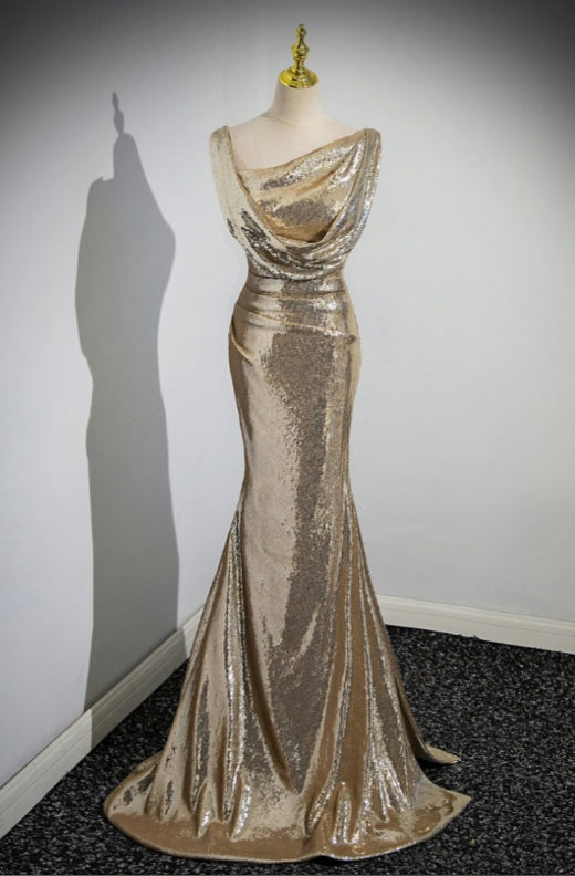 Sparkly Gold Sequin Long Floor-length Mermaid Evening Dress Prom Dress with Pleats