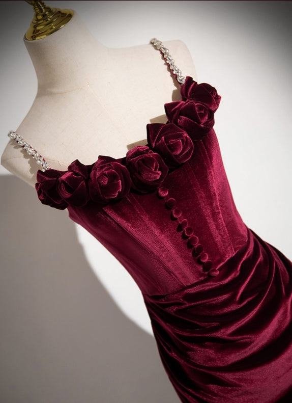 Elegant Velvet Burgundy Floor-length Prom Dress With Flower Neck