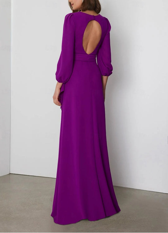 A-Line Wedding Guest Dresses Black Tie Floor Length Long Sleeve V Neck Chiffon Backless with Criss Cross