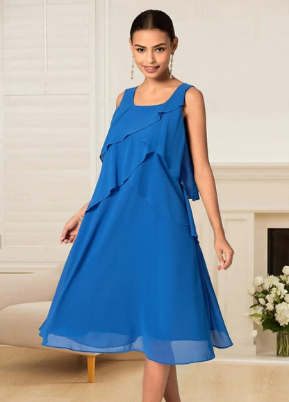 A Line Chiffon Tiered Party Wedding Guest Elegant Formal Crew Neck Long Sleeve Royal Blue Color