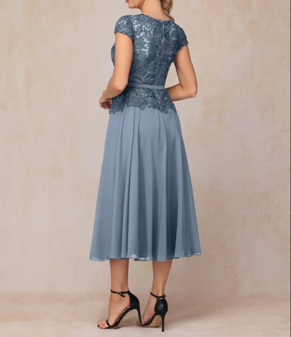 A-Line Tea Length Chiffon Lace Mother Of The Bride Dress