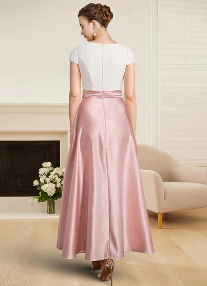 A-Line Mother of the Bride Asymmetrical Wedding Guest Dress Satin Short Sleeve with Ribbon / Bow