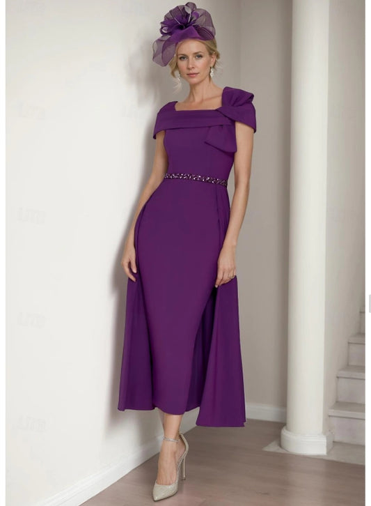 Sheath / Column Formal Mother of the Bride Wedding Guest Dress Elegant Square Neckline with Bow(s) Ruffle Solid Color