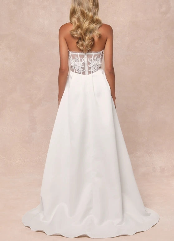 White A-Line Floral Embroidered Strapless Chapel Train Wedding Dress