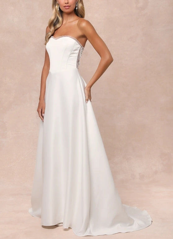 White A-Line Floral Embroidered Strapless Chapel Train Wedding Dress