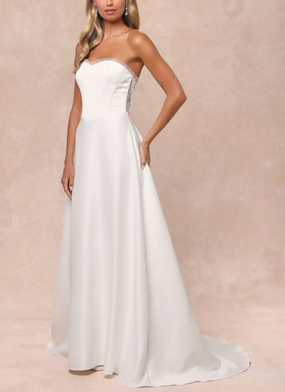 White A-Line Floral Embroidered Strapless Chapel Train Wedding Dress