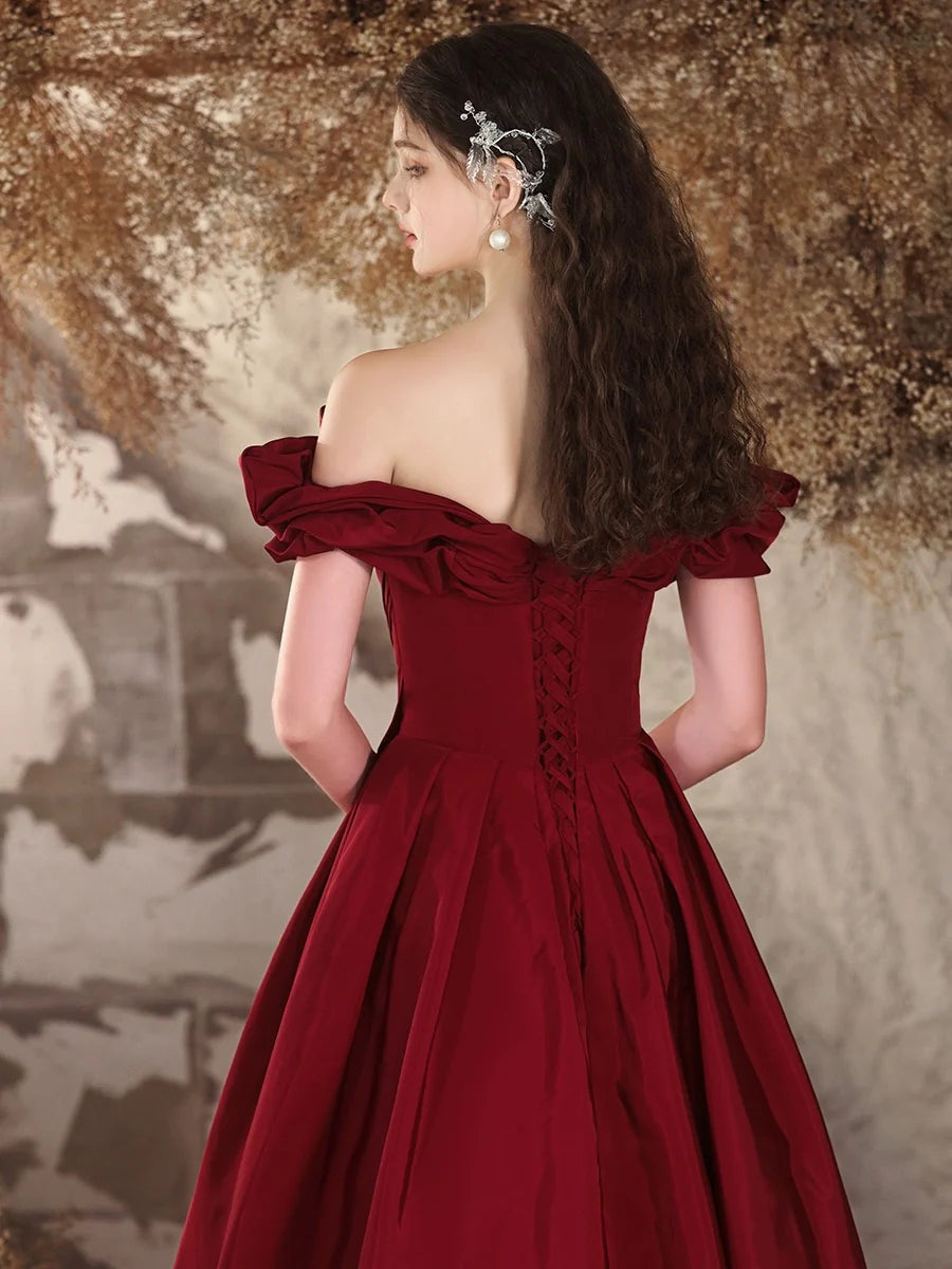 A-Line Off Shoulder Satin Burgundy Long Prom Dress Formal Dress