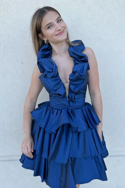 Cute A-Line Ruffle Tiered Halter Backless Ruffle Homecoming Dress