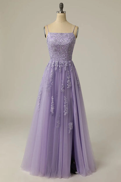 A Line Strapless Light Purple Long Prom Dress Wedding Guest Party Dresses with Appliques