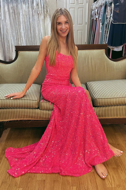 Hot Pink Mermaid Spaghetti Strap Lace-Up Back Sequins Prom Dress Sweep/Brush Train Dresses