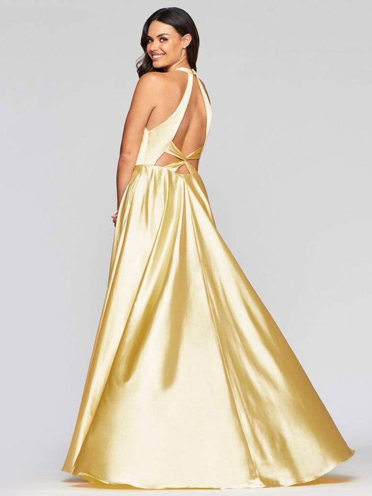 A-Line V-Neck Satin Halter Sleeveless Evening Dresses Long Wedding Guest Dresses