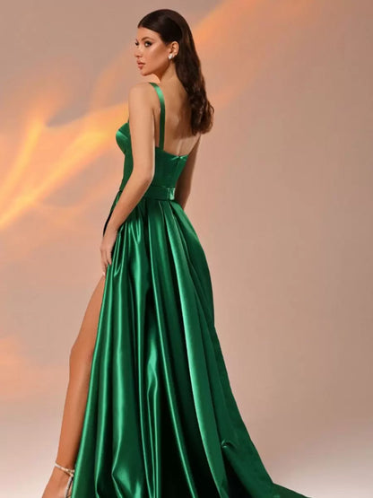 A-Line Square Neck Floor-Length Sleeveless Satin Evening Dress With Sweep Train