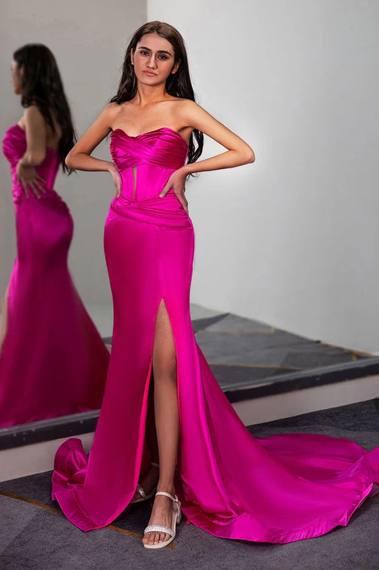 Fuchsia Strapless Satin Ruched Prom Dress With Slit Sweep/Brush Train Dresses