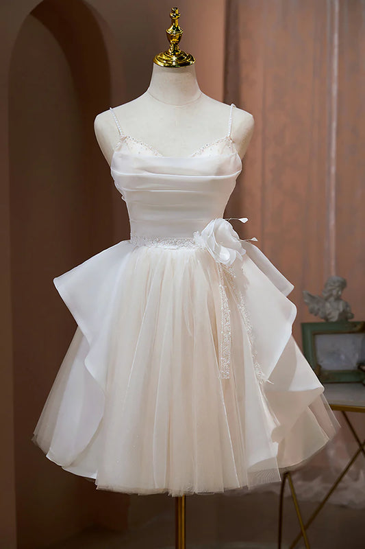 Ivory A-line Spaghetti Straps Beading Tulle Homecoming Dresses