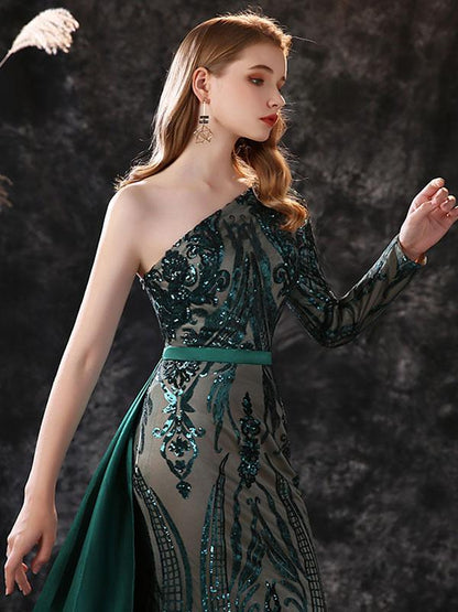 Mermaid One-Shoulder Long Sleeves Zipper Lace Formal Dinner Prom Party Dresses Evening Dresses